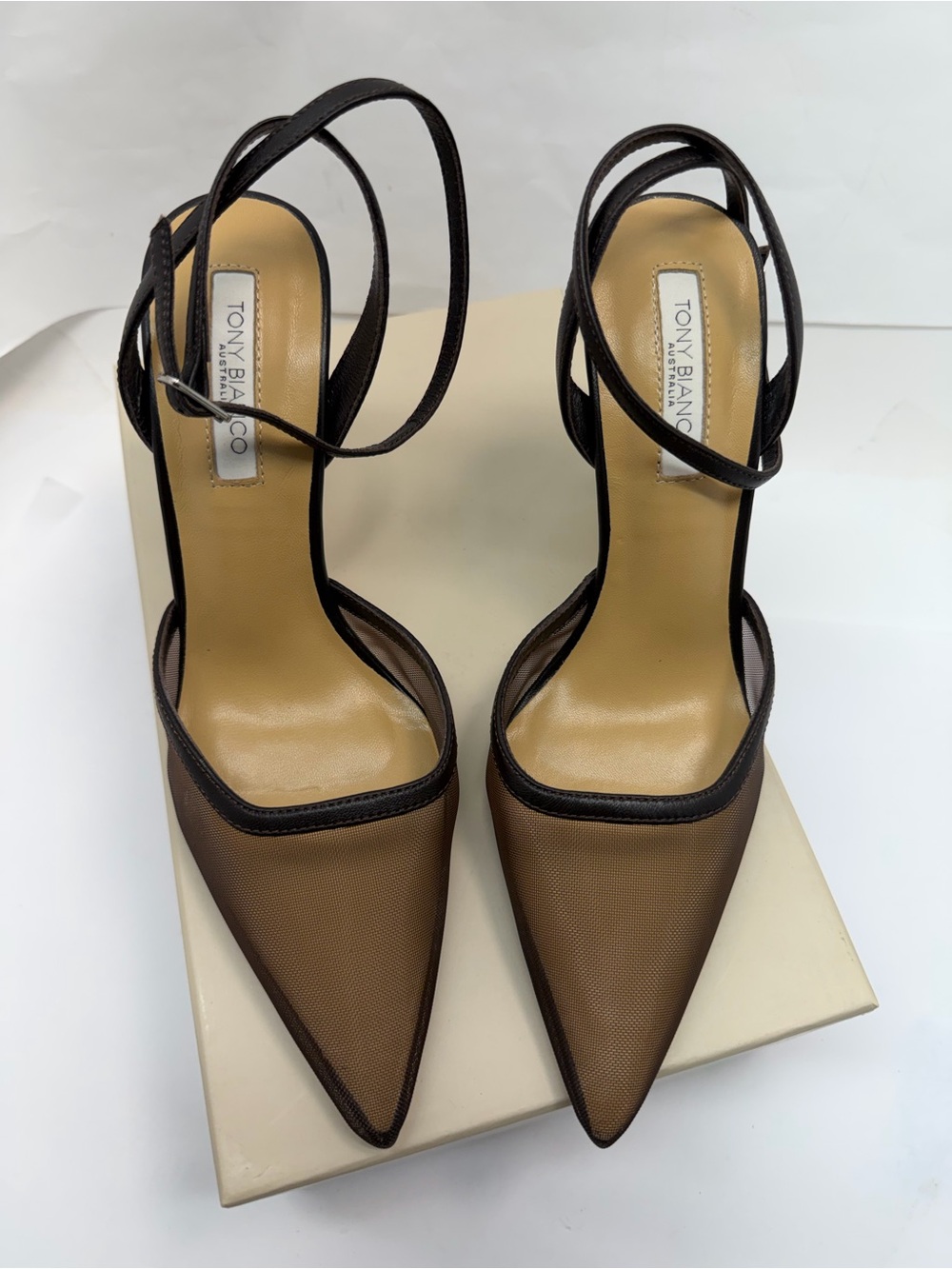 Tony Bianco Georgie Pump in Choc high heel sling back pointed toe mesh - Picture 4 of 7